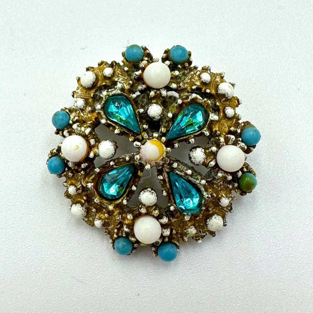 Florenza Signed Aquamarine & Faux Pearl French Antiqued Vintage Brooch